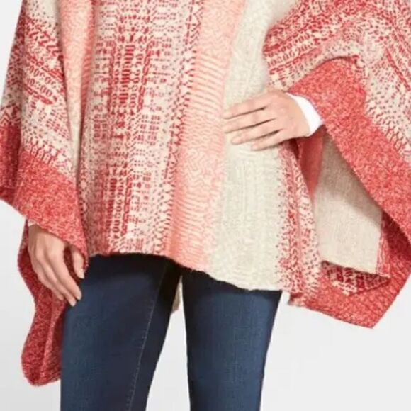 Caslon Jacquard Button Cowl Neck Sweater-Knit Poncho Red Salmon Gray Siz… - Picture 5 of 17